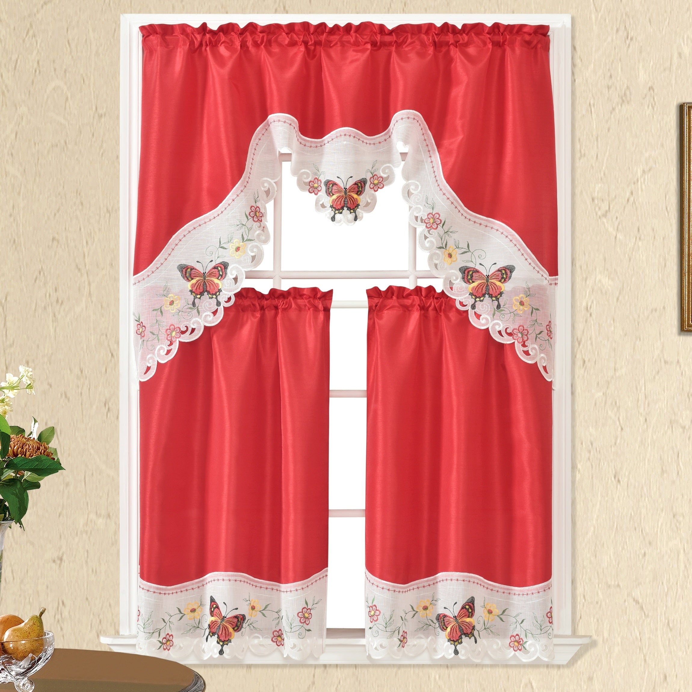 1 SET 3pcs/set Polyester plain fabric with beige floral lace, machine- pink blue gray burgundy butterfly pattern curtains, suitable for home decoration, bathroom, living room, bedroom, kitchen, outdoor decor, villa, wedding,